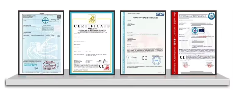Four official international compliance certificates including CE Machinery Directive and Certificate of Origin for construction equipment export